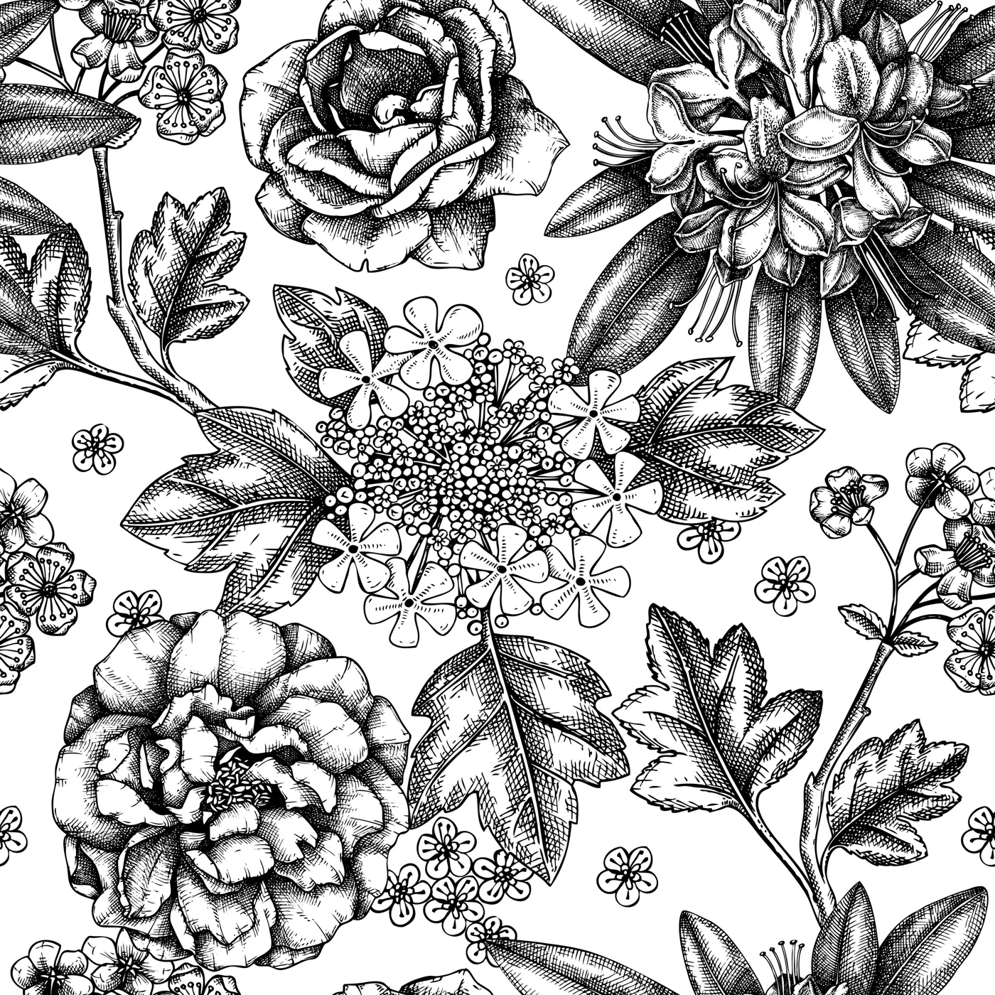 Summer garden plants seamless pattern. Vintage azaleas, hawthorns, roses sketches. Vector floral background with hand drawn botanical elements. For wrapping paper, greeting cards, banners, packaging. Illustration